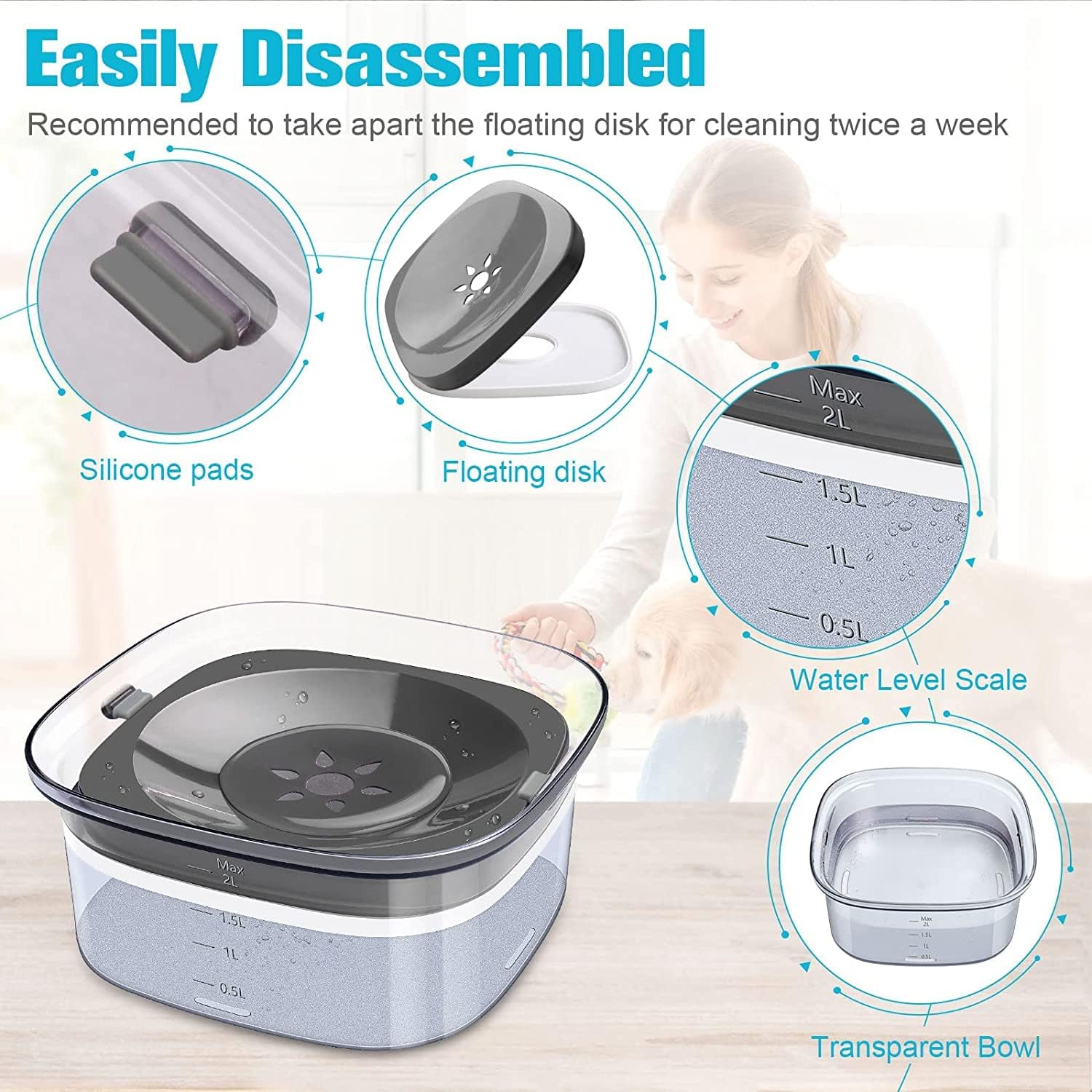 2L No Spill Dog Bowl Large Capacity 