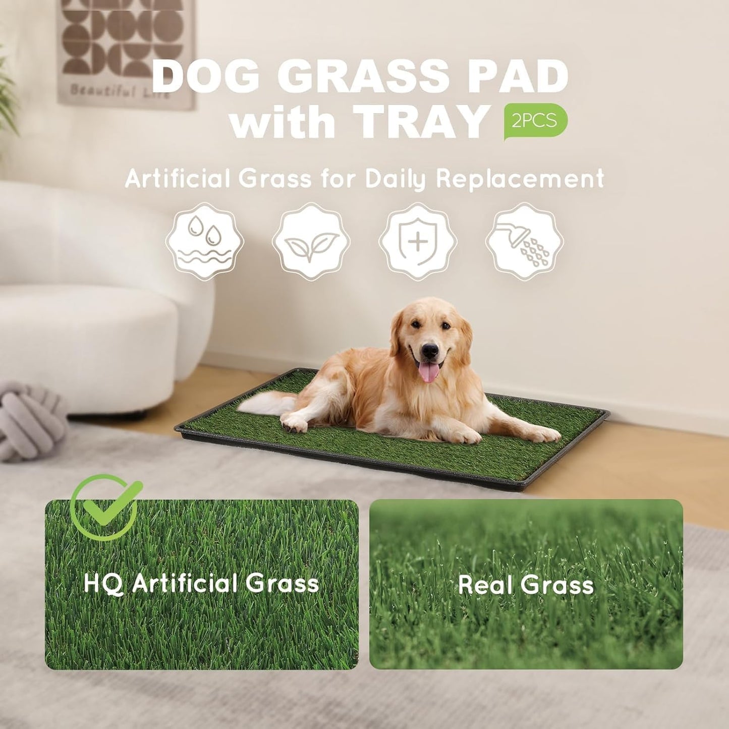 Dog Grass Pad with Tray - Dog Litter Box with 2 Artificial Grass Pads +​Highly Absorbent Puppy Pad- Potty Tray for Balcony Apartment Indoor Outdoor Use - 50.8 X 76.2 Cm