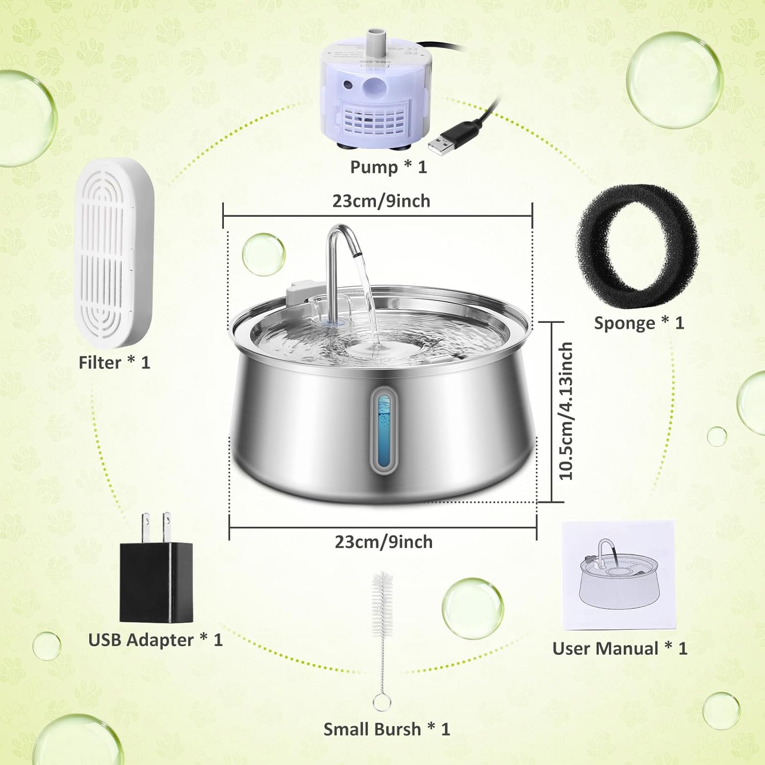 134Oz/4L Cat Water Fountain Stainless Steel,  Automatic Pet Water Fountain with Water Level Window, Ultra Quiet Dog Water Dispenser, Multiple Filtration Faucet Drinking Fountain