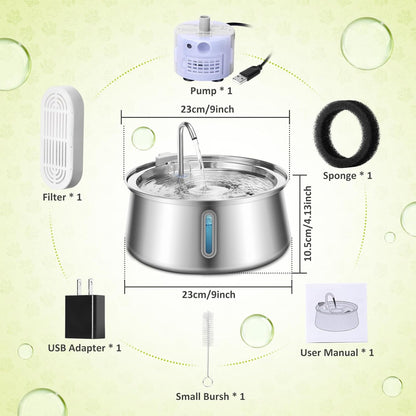 134Oz/4L Cat Water Fountain Stainless Steel,  Automatic Pet Water Fountain with Water Level Window, Ultra Quiet Dog Water Dispenser, Multiple Filtration Faucet Drinking Fountain