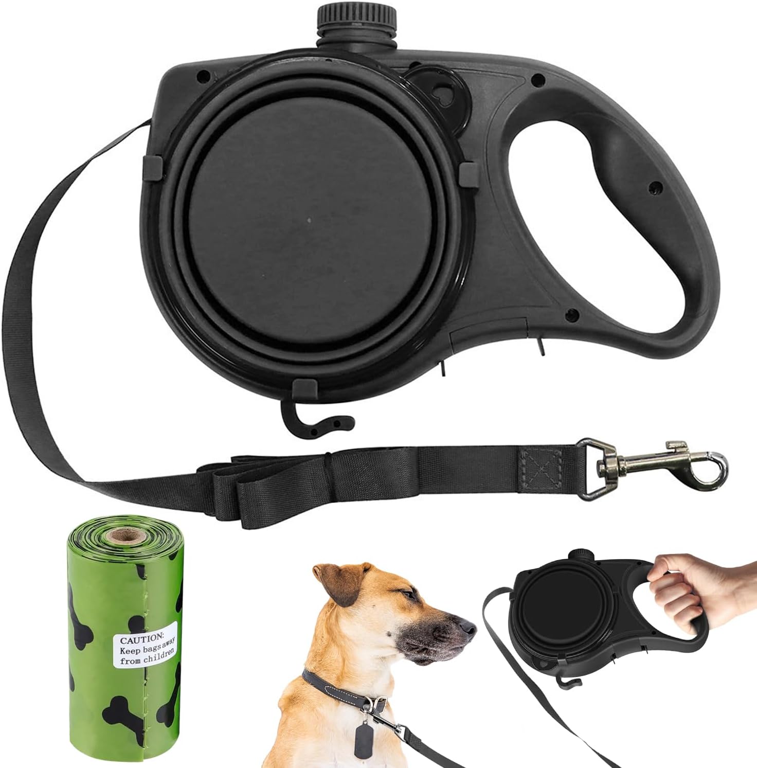 Dog Lead with Built-In Water Bottle, Collapsible Bowl, Waste Bag Dispenser & Hook – Bonus 15 Waste Bags