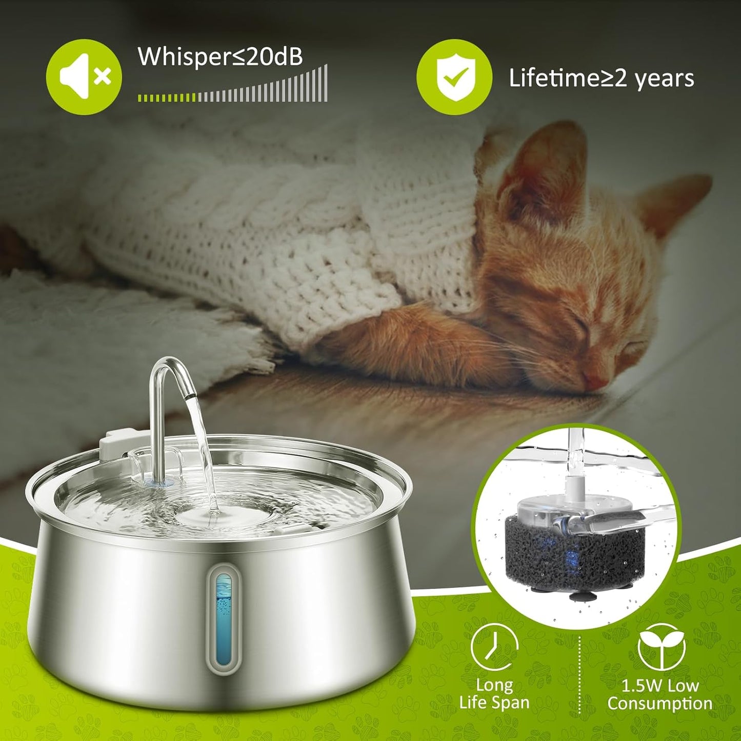 134Oz/4L Cat Water Fountain Stainless Steel,  Automatic Pet Water Fountain with Water Level Window, Ultra Quiet Dog Water Dispenser, Multiple Filtration Faucet Drinking Fountain