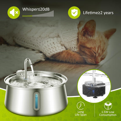 134Oz/4L Cat Water Fountain Stainless Steel,  Automatic Pet Water Fountain with Water Level Window, Ultra Quiet Dog Water Dispenser, Multiple Filtration Faucet Drinking Fountain