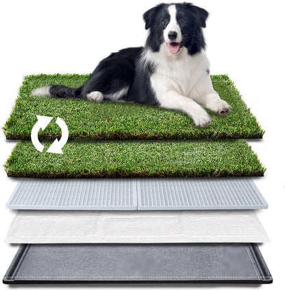 Dog Grass Pad with Tray - Dog Litter Box with 2 Artificial Grass Pads +​Highly Absorbent Puppy Pad- Potty Tray for Balcony Apartment Indoor Outdoor Use - 50.8 X 76.2 Cm