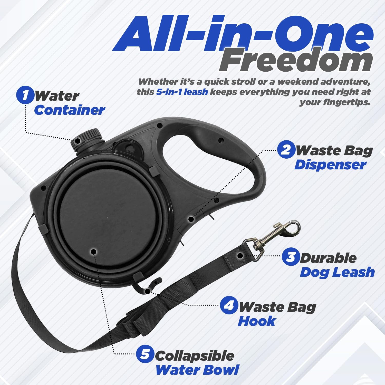 Dog Lead with Built-In Water Bottle, Collapsible Bowl, Waste Bag Dispenser & Hook – Bonus 15 Waste Bags