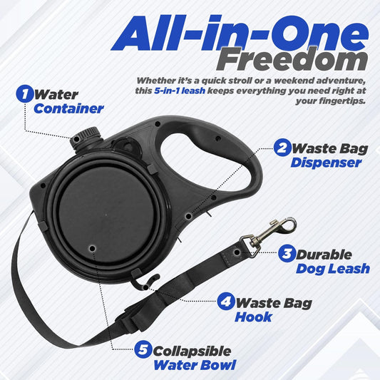 Dog Lead with Built-In Water Bottle, Collapsible Bowl, Waste Bag Dispenser & Hook – Bonus 15 Waste Bags