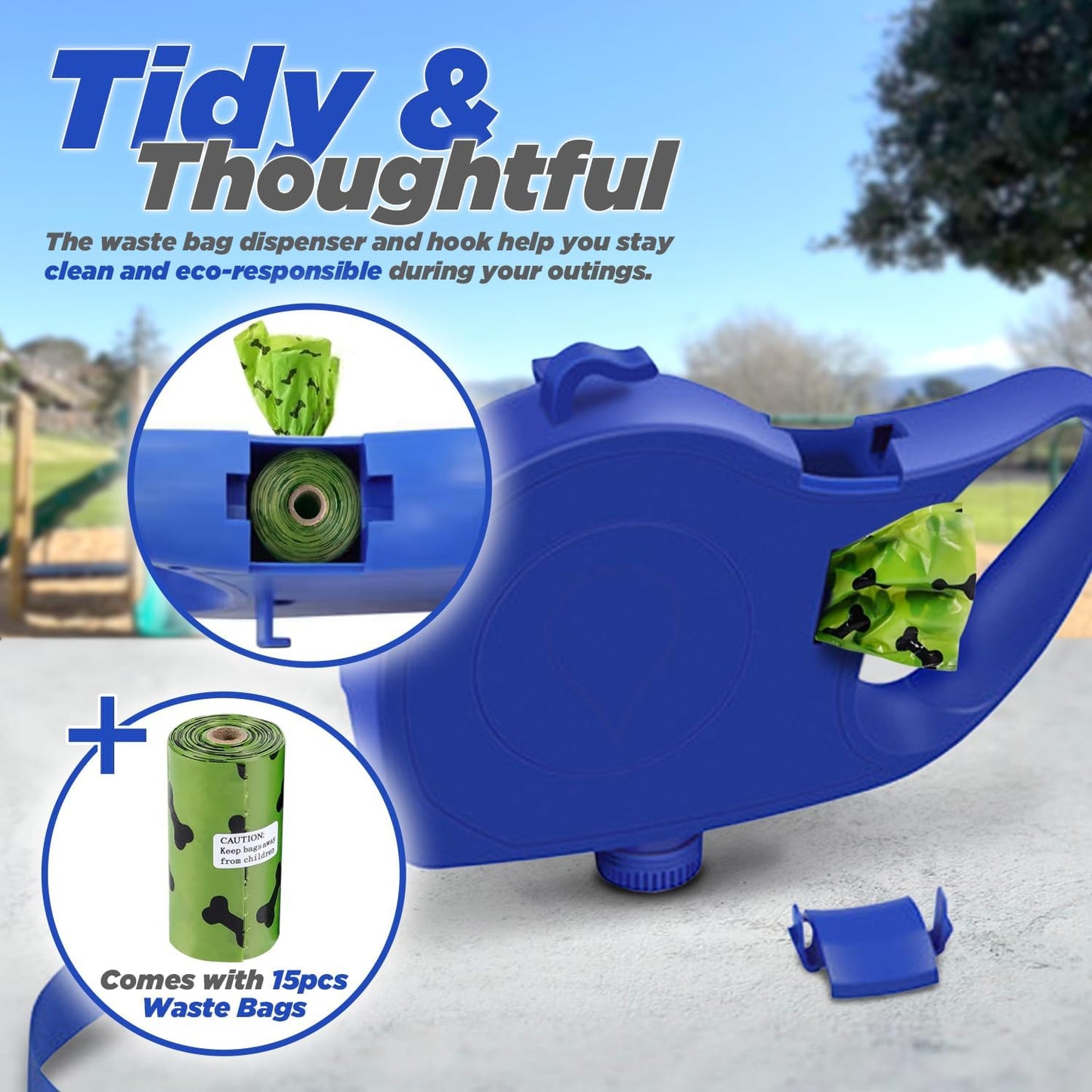 Dog Lead with Built-In Water Bottle, Collapsible Bowl, Waste Bag Dispenser & Hook – Bonus 15 Waste Bags