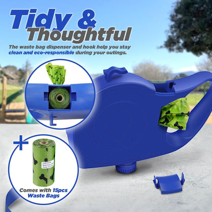 Dog Lead with Built-In Water Bottle, Collapsible Bowl, Waste Bag Dispenser & Hook – Bonus 15 Waste Bags