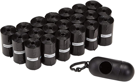 Unscented Standard Dog Poop Bags with Dispenser and Leash Clip, 33.02 X 22.86 CM, Black - 20 Rolls (300 Bags)