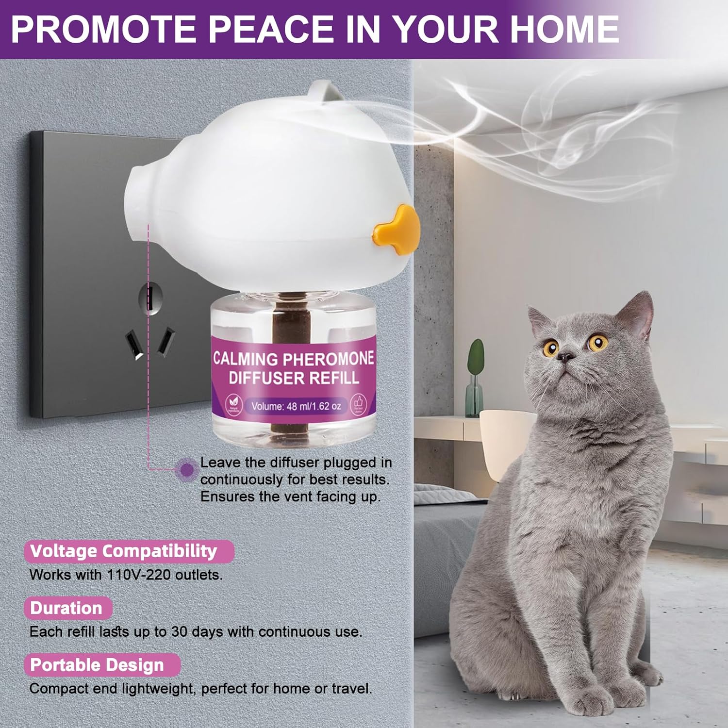 Cat Pheromones Calming Diffuser Relieve Anxiety Stress Cat Calming Diffuser Comfort for Cats 3 Refills, Reduce Fighting and Scratching Calm Relaxing Fits All Cats