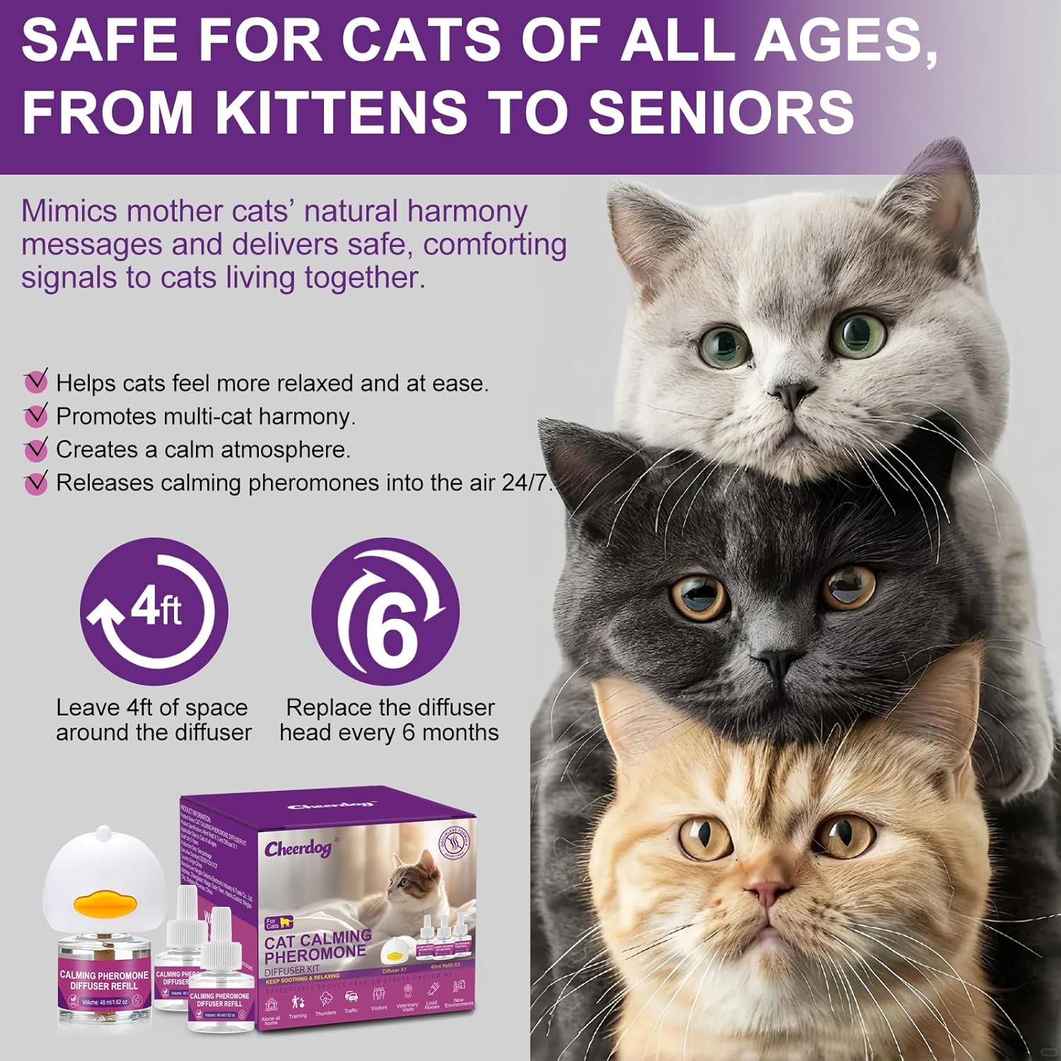 Cat Pheromones Calming Diffuser Relieve Anxiety Stress Cat Calming Diffuser Comfort for Cats 3 Refills, Reduce Fighting and Scratching Calm Relaxing Fits All Cats