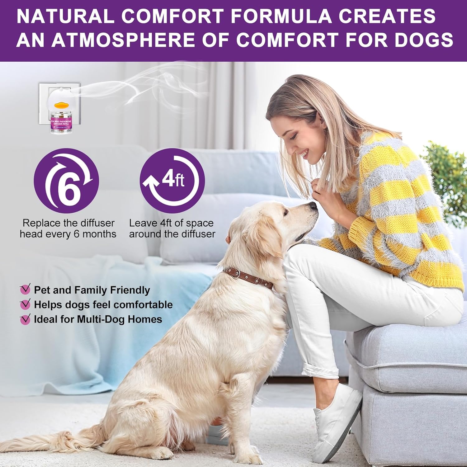 Dog Calming Pheromone Diffuser, Pet Calming Diffuser for Dog Anxiety Relief 3 Refills,Relieve Separation Anxiety, Stress Barking and Chewing Calm Relaxing