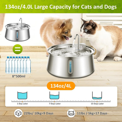 134Oz/4L Cat Water Fountain Stainless Steel,  Automatic Pet Water Fountain with Water Level Window, Ultra Quiet Dog Water Dispenser, Multiple Filtration Faucet Drinking Fountain
