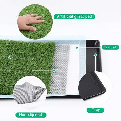 Dog Grass Pad with Tray - Dog Litter Box with 2 Artificial Grass Pads +​Highly Absorbent Puppy Pad- Potty Tray for Balcony Apartment Indoor Outdoor Use - 50.8 X 76.2 Cm