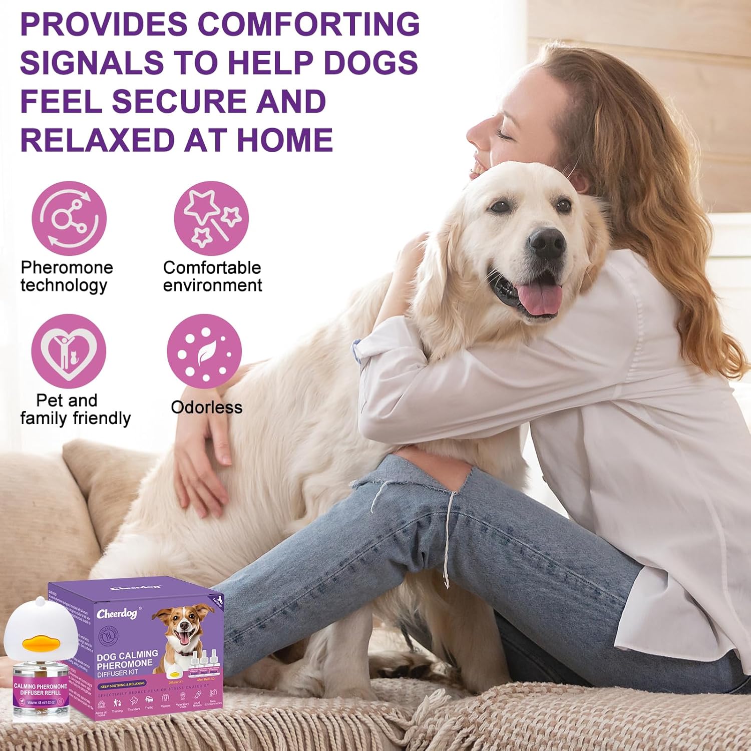 Dog Calming Pheromone Diffuser, Pet Calming Diffuser for Dog Anxiety Relief 3 Refills,Relieve Separation Anxiety, Stress Barking and Chewing Calm Relaxing