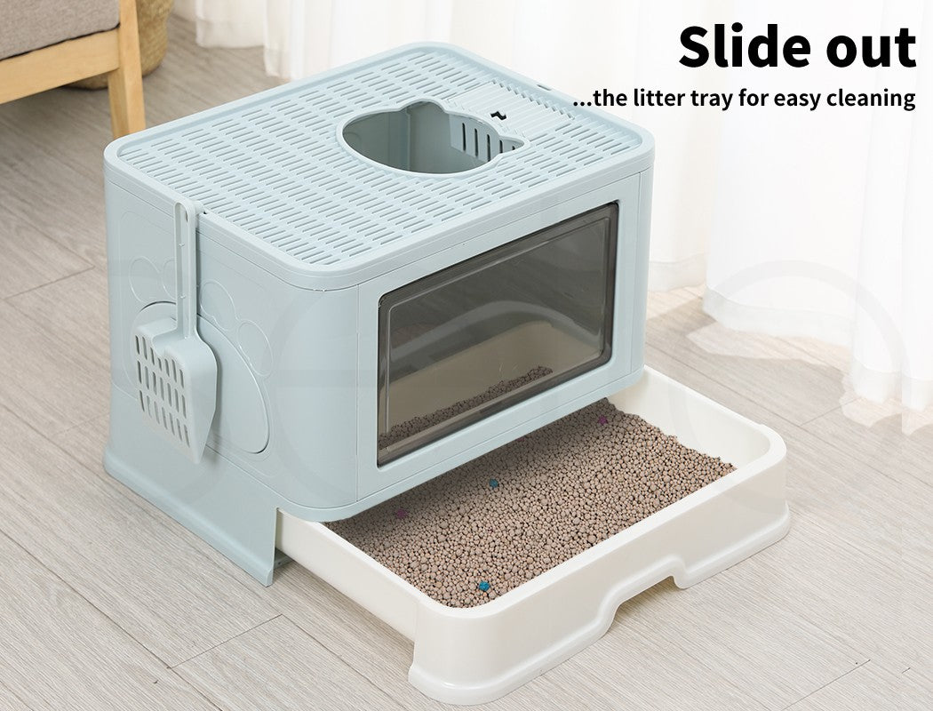 Pawz Foldable Cat Litter Box Tray Enclosed Kitty Toilet Hood Hair Grooming Blue