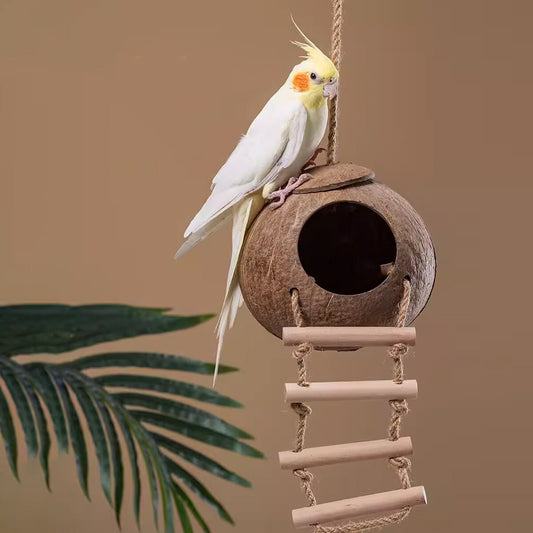 Eco-Friendly Coconut Shell Bird Nest Safe Parrot Parakeet Home Cage Feeder Hut