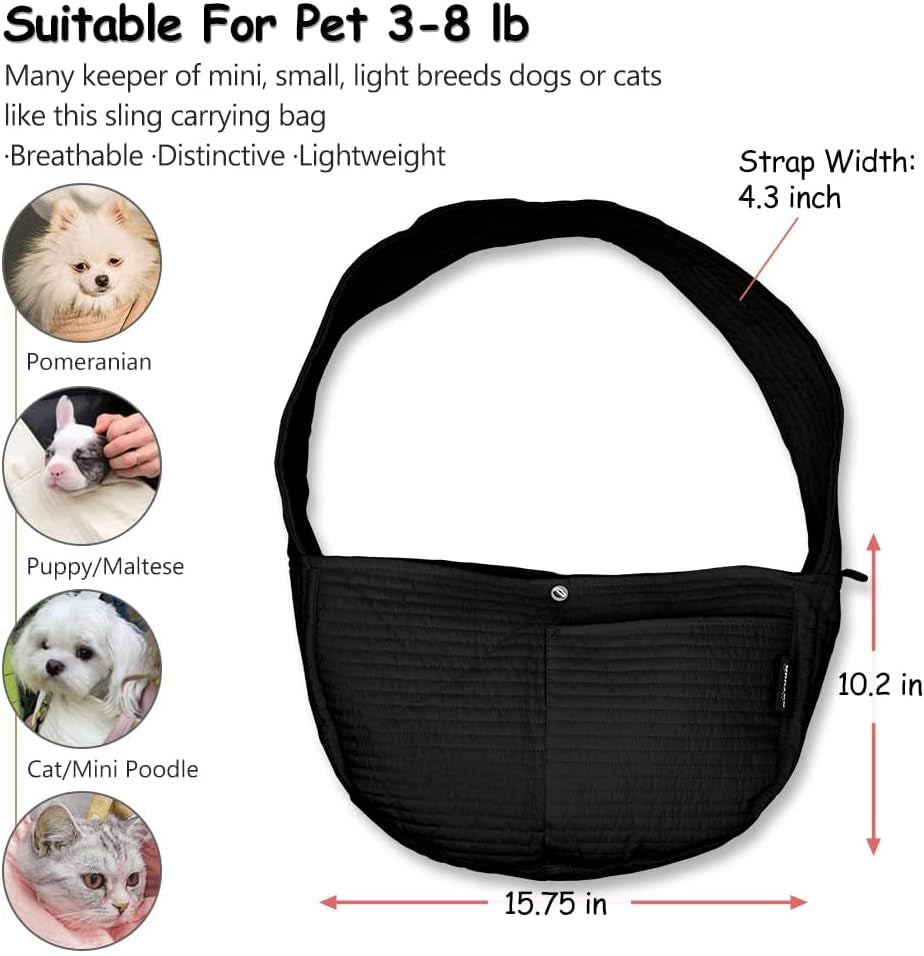 Pet Sling Carrier Small Dog Sling Cat Carrier Bag Adjustable Strap Hands-Free Pet Dog Cat Carrier Bag with Front Zipper Pocket Safety Belt for Outdoor Traveling Subway (Black, Canvas)