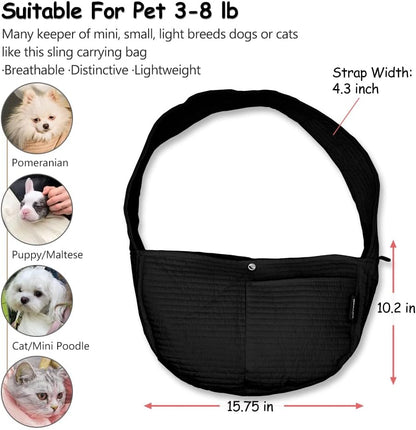 Pet Sling Carrier Small Dog Sling Cat Carrier Bag Adjustable Strap Hands-Free Pet Dog Cat Carrier Bag with Front Zipper Pocket Safety Belt for Outdoor Traveling Subway (Black, Canvas)