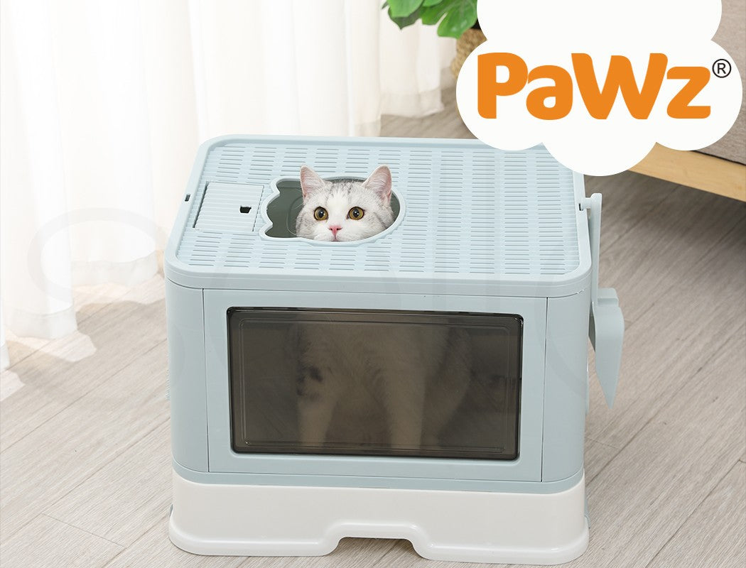 Pawz Foldable Cat Litter Box Tray Enclosed Kitty Toilet Hood Hair Grooming Blue