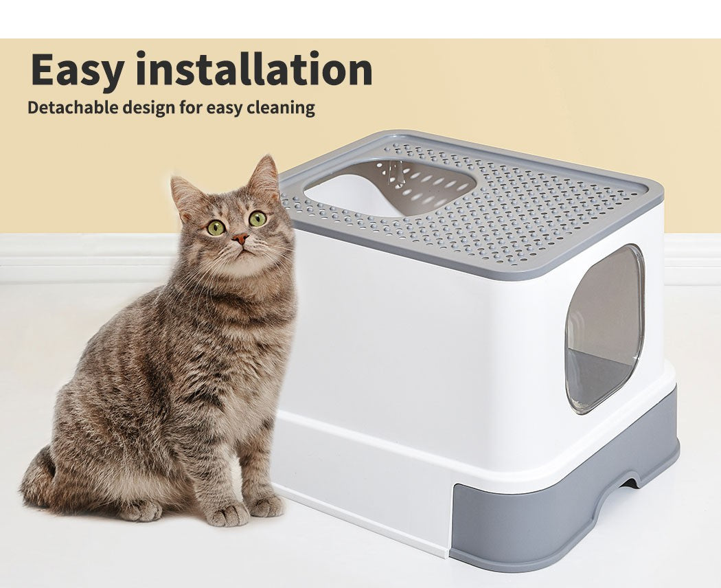 Pawz Cat Litter Box Fully Enclosed Kitty Toilet Tray Pan Container Large Grey
