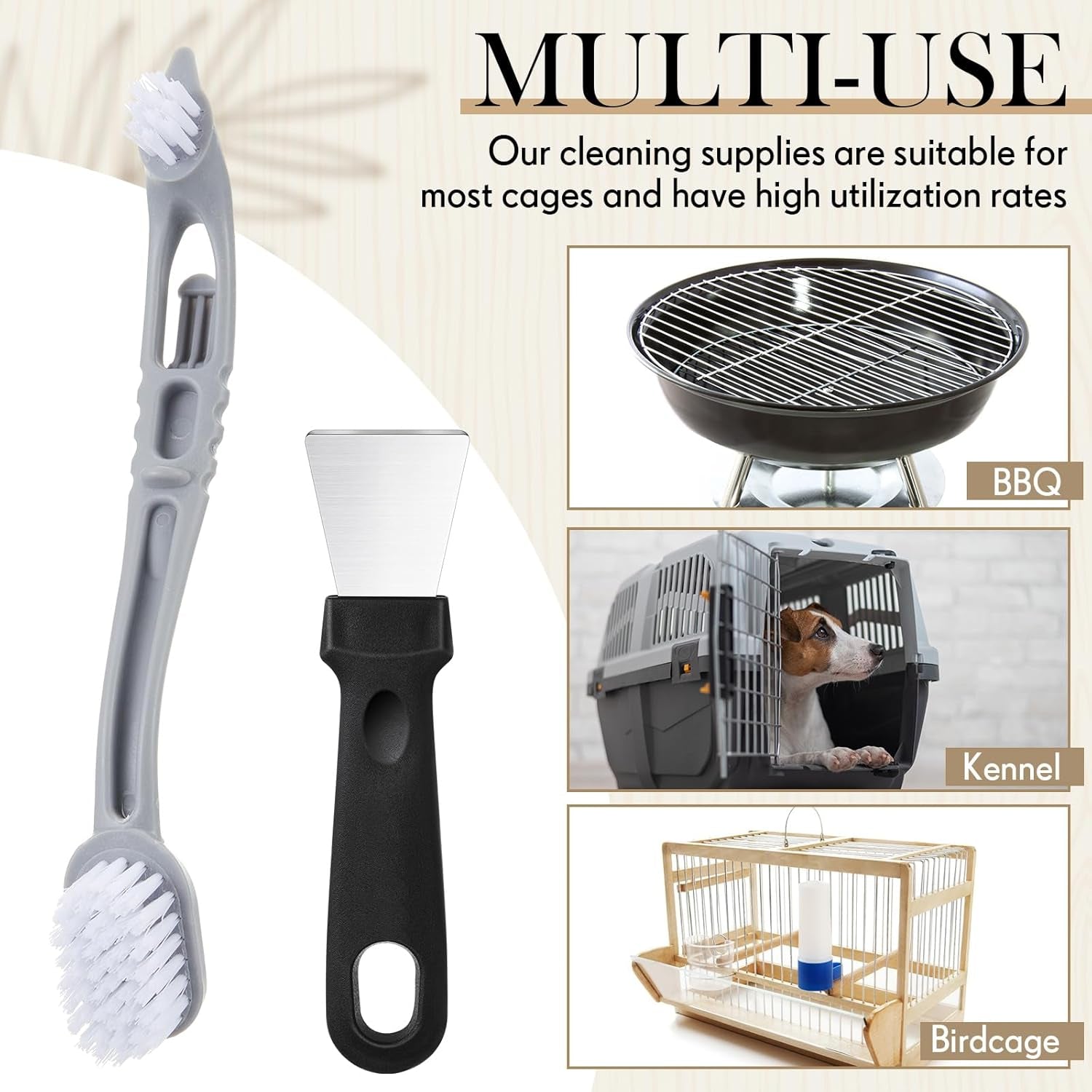 Bird Cage Cleaner with Two Brush Heads Stainless Steel Bird Droppings Cleaning Scraper Long Handle Tool for Cleaning Bird Parrot Cages Pet Supply Cage Accessory