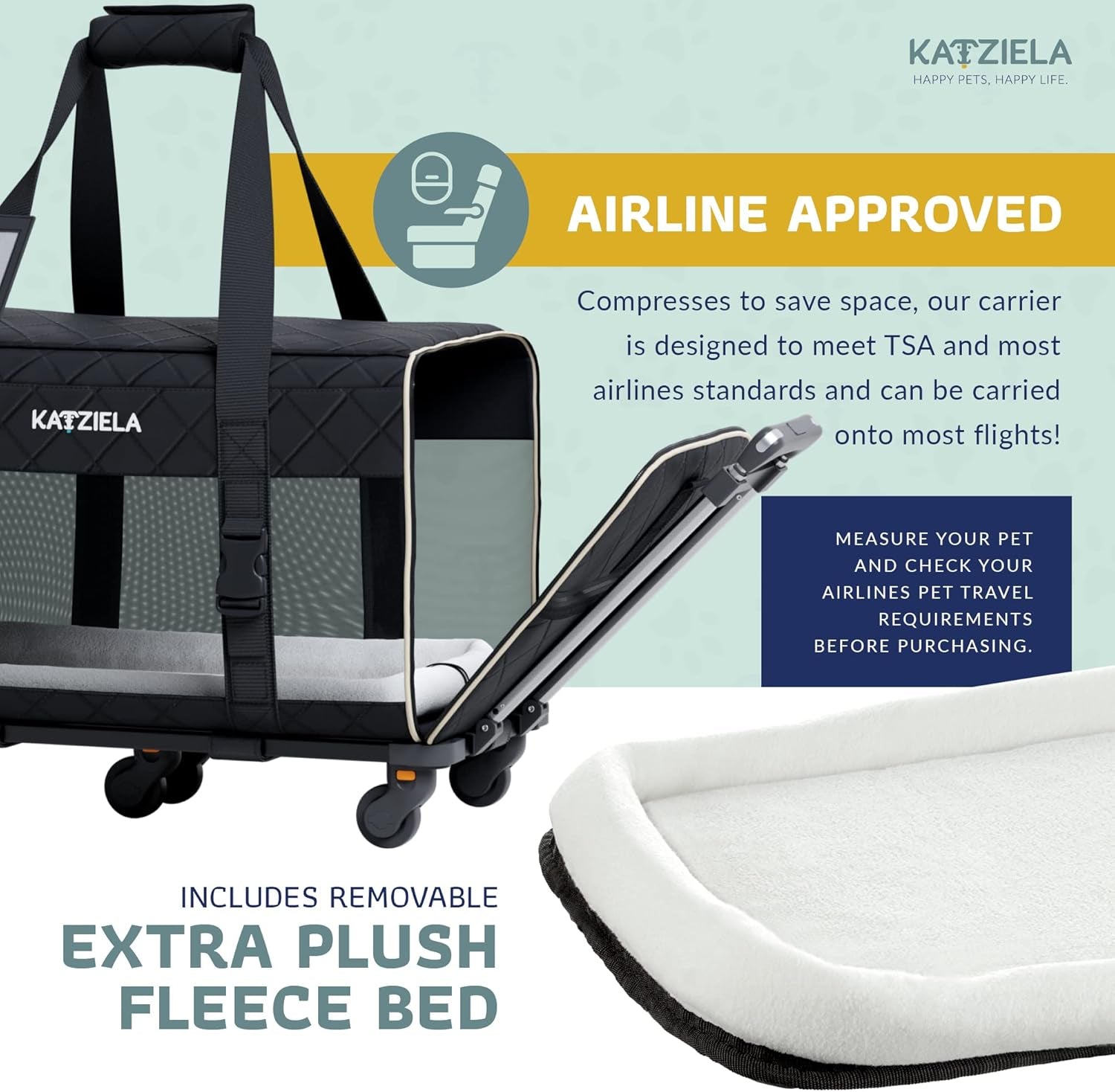 Pet Carrier Airline Approved - Dog Carrier with Wheels - Rolling Pet Carrier with Wheels for Small to Medium Size Cat or Dog - Airplane Cabin Animal Friendly Luggage