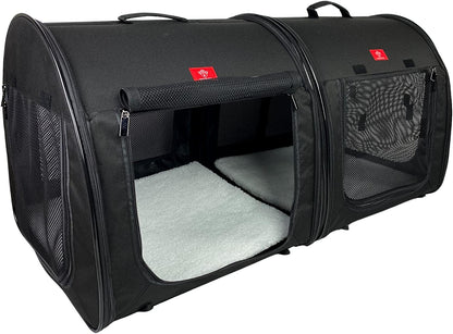 Portable 2-In-1 Double Pet Kennel/Shelter, Fabric, Black/Royal Blue 20"X20"X39" - Car Seat-Belt Fixture Included (Black)
