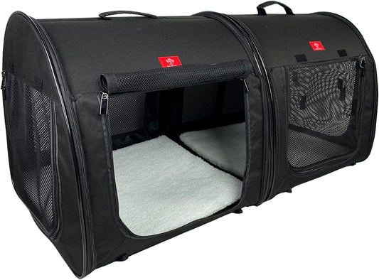 Portable 2-In-1 Double Pet Kennel/Shelter, Fabric, Black/Royal Blue 20"X20"X39" - Car Seat-Belt Fixture Included (Black)