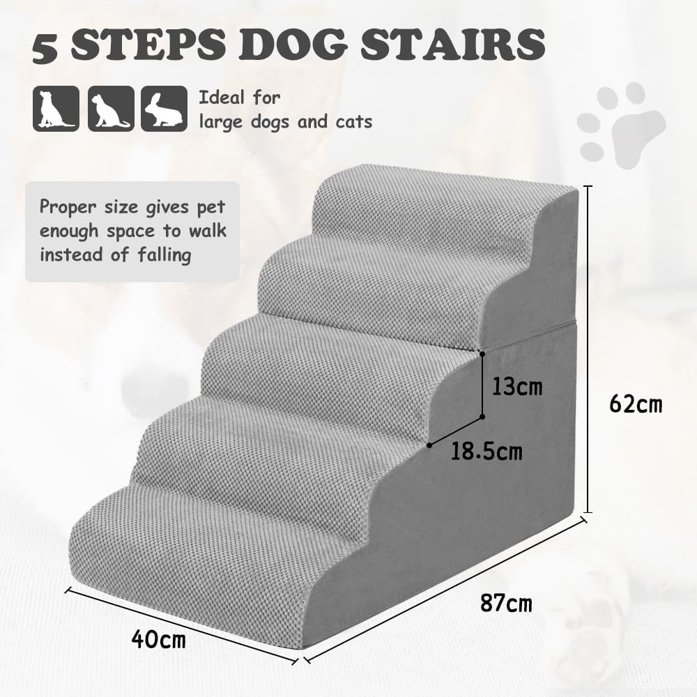 Dog Stairs and Ramp, 5-Step Pet Stair for High Beds and Couch, Large Dogs with Removable Washable Cover, Non-Slip Soft Foam for Injured Older Pets, Grey-62 Cm High