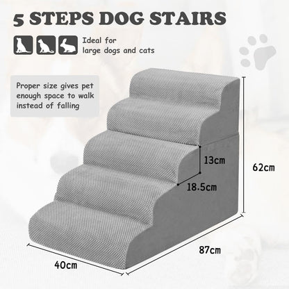 Dog Stairs and Ramp, 5-Step Pet Stair for High Beds and Couch, Large Dogs with Removable Washable Cover, Non-Slip Soft Foam for Injured Older Pets, Grey-62 Cm High