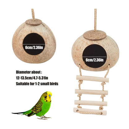 Eco-Friendly Coconut Shell Bird Nest Safe Parrot Parakeet Home Cage Feeder Hut