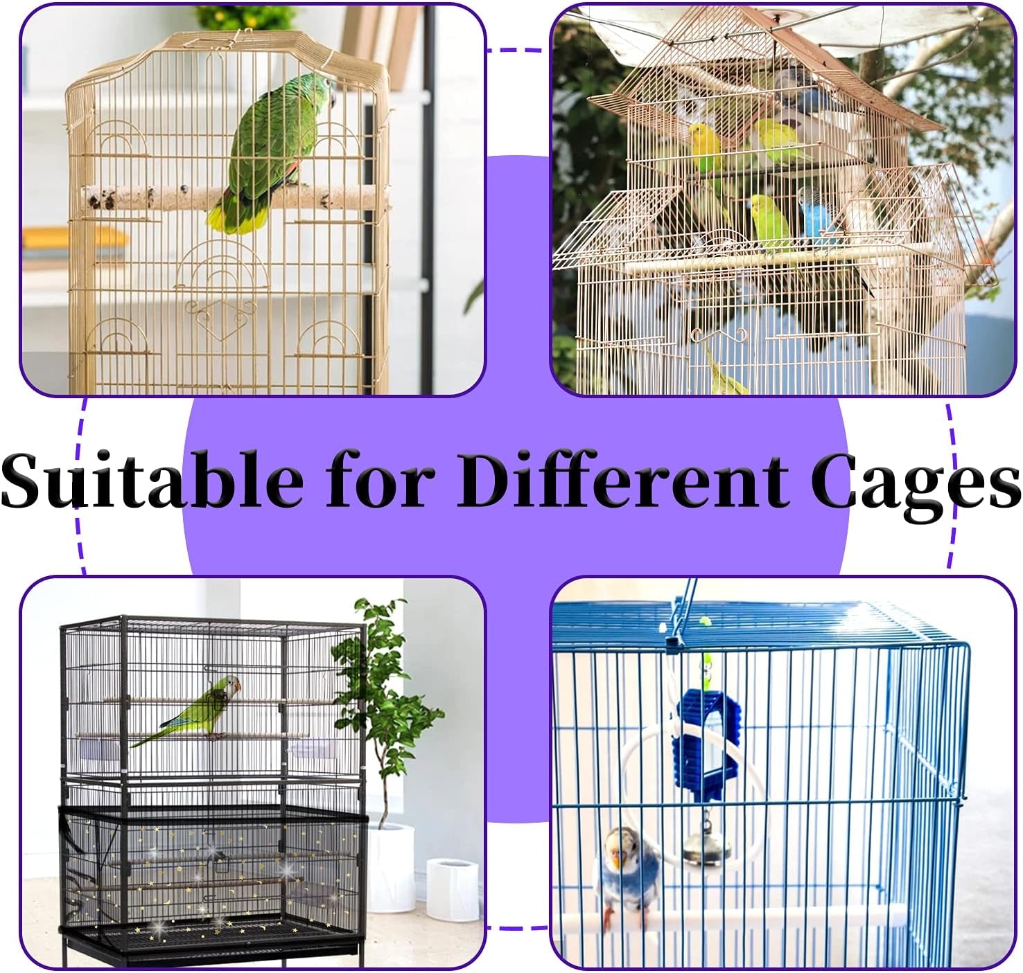 Large Bird Cage Cover,  Bird Cage Seed Catcher, Adjustable Soft Nylon Mesh Net with Twinkle Moon Star, Birdcage Cover Skirt Seed Guard for Parrot Parakeet Macaw round Square Cages (Black)