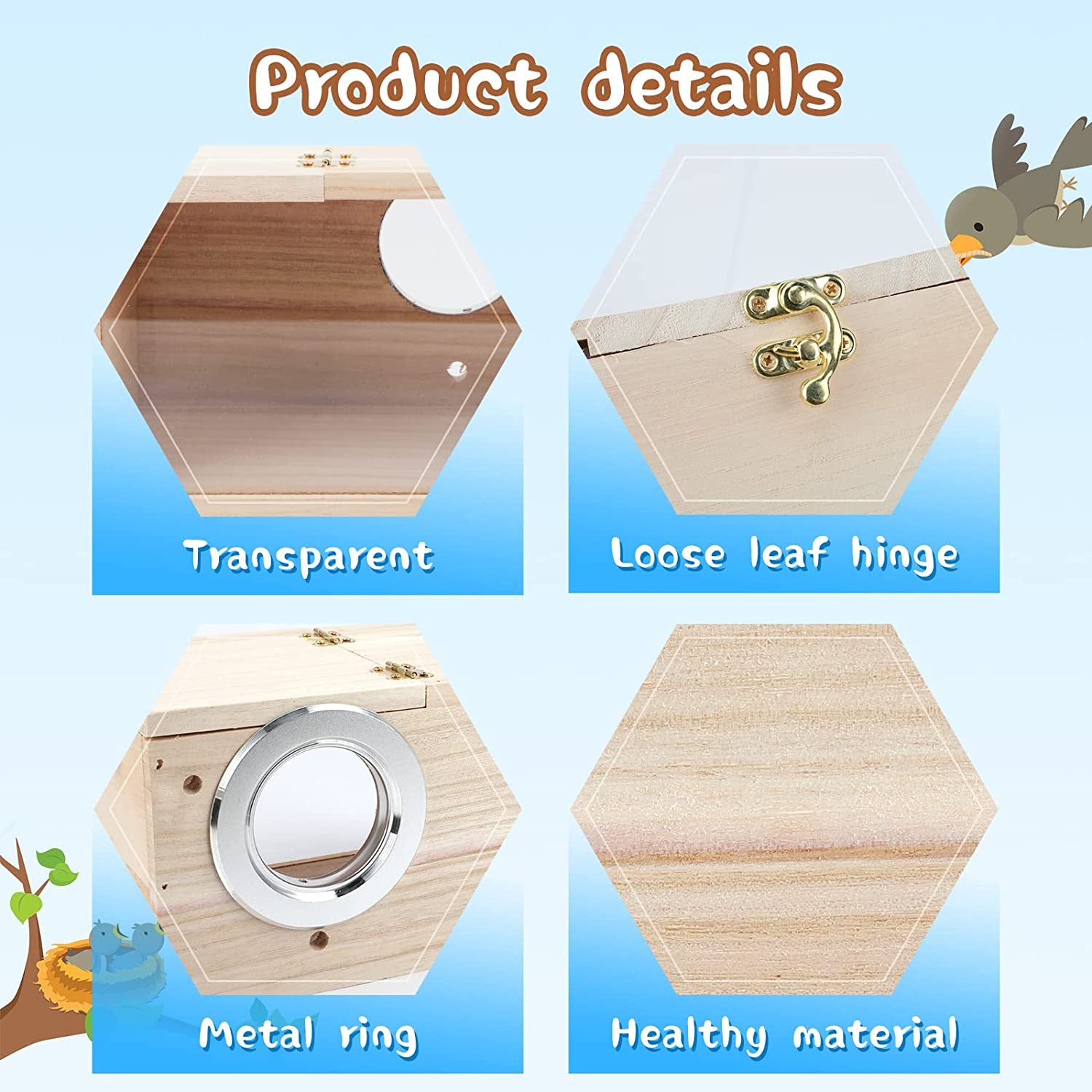 Parakeet Nesting Box Transparent Bird House for Cage Natural Wood Breeding Box for Parrot Parakeet Cockatiel Lovebirds Budgie Conure and Other Small Birds