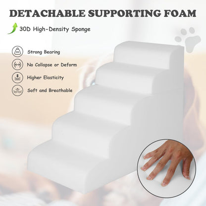 Dog Stairs and Ramp, 5-Step Pet Stair for High Beds and Couch, Large Dogs with Removable Washable Cover, Non-Slip Soft Foam for Injured Older Pets, Grey-62 Cm High