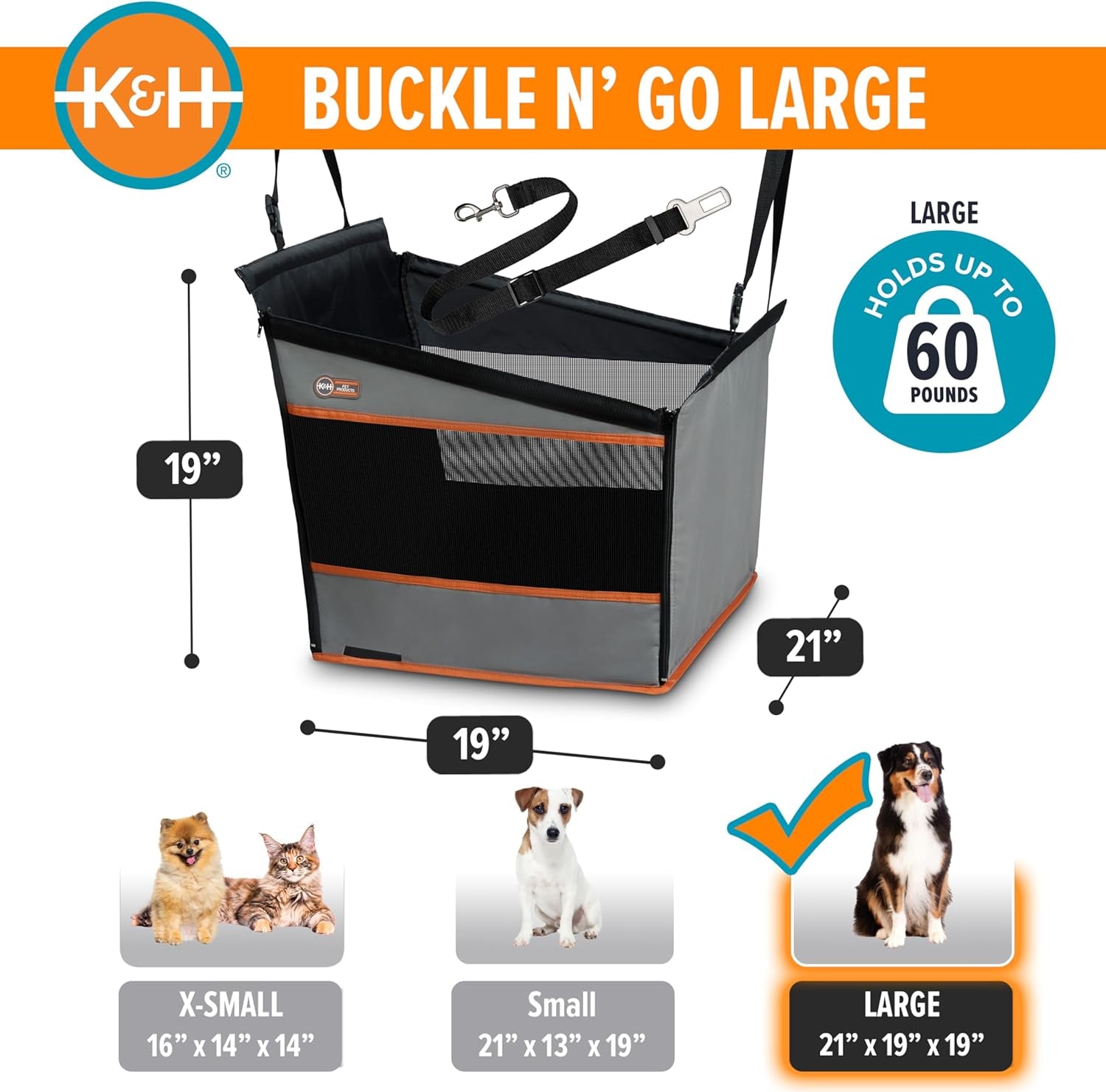 Buckle N' Go Dog Car Seat for Large Dogs, Waterproof Fabric with Breathable Mesh & Adjustable Dog Seat Belt for Car, Dog Hammock for Car, Dog Carrier Dog Car Seat Cover - Gray MD/LG