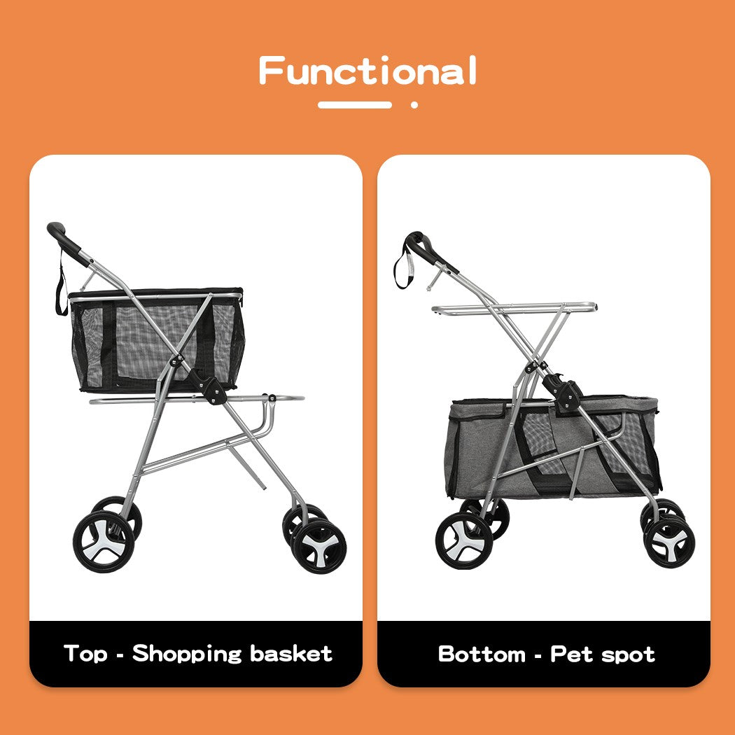 Pawz Pet Stroller Pram Dog Cat Carrier Foldable Large 4 Wheels Shopping Trolley