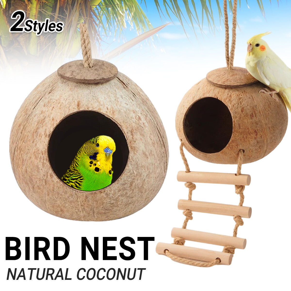 Eco-Friendly Coconut Shell Bird Nest Safe Parrot Parakeet Home Cage Feeder Hut