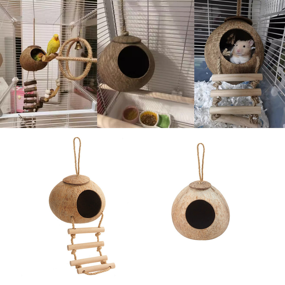 Eco-Friendly Coconut Shell Bird Nest Safe Parrot Parakeet Home Cage Feeder Hut