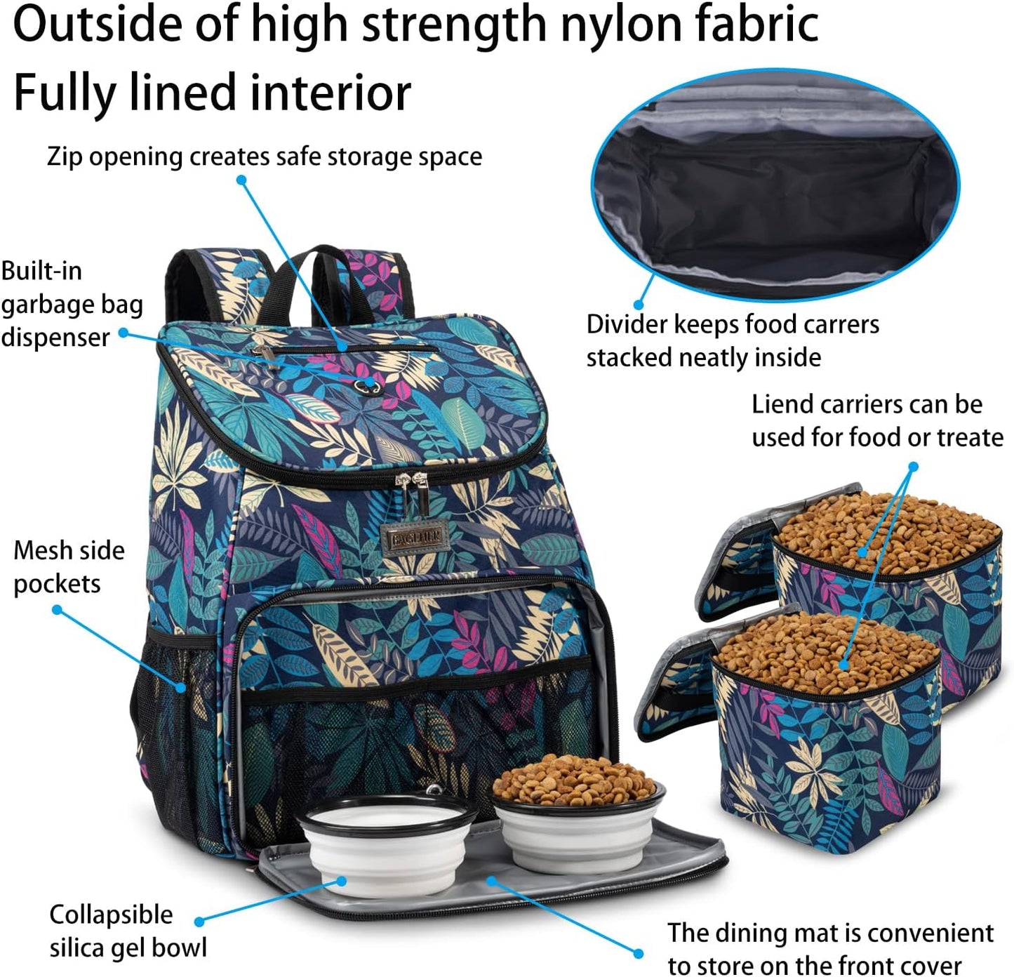 Dog Travel Bag, Airline Approved Pet Supplies Backpack, Dog Travel Backpack with 2 Silicone Collapsible Bowls and 2 Food Baskets