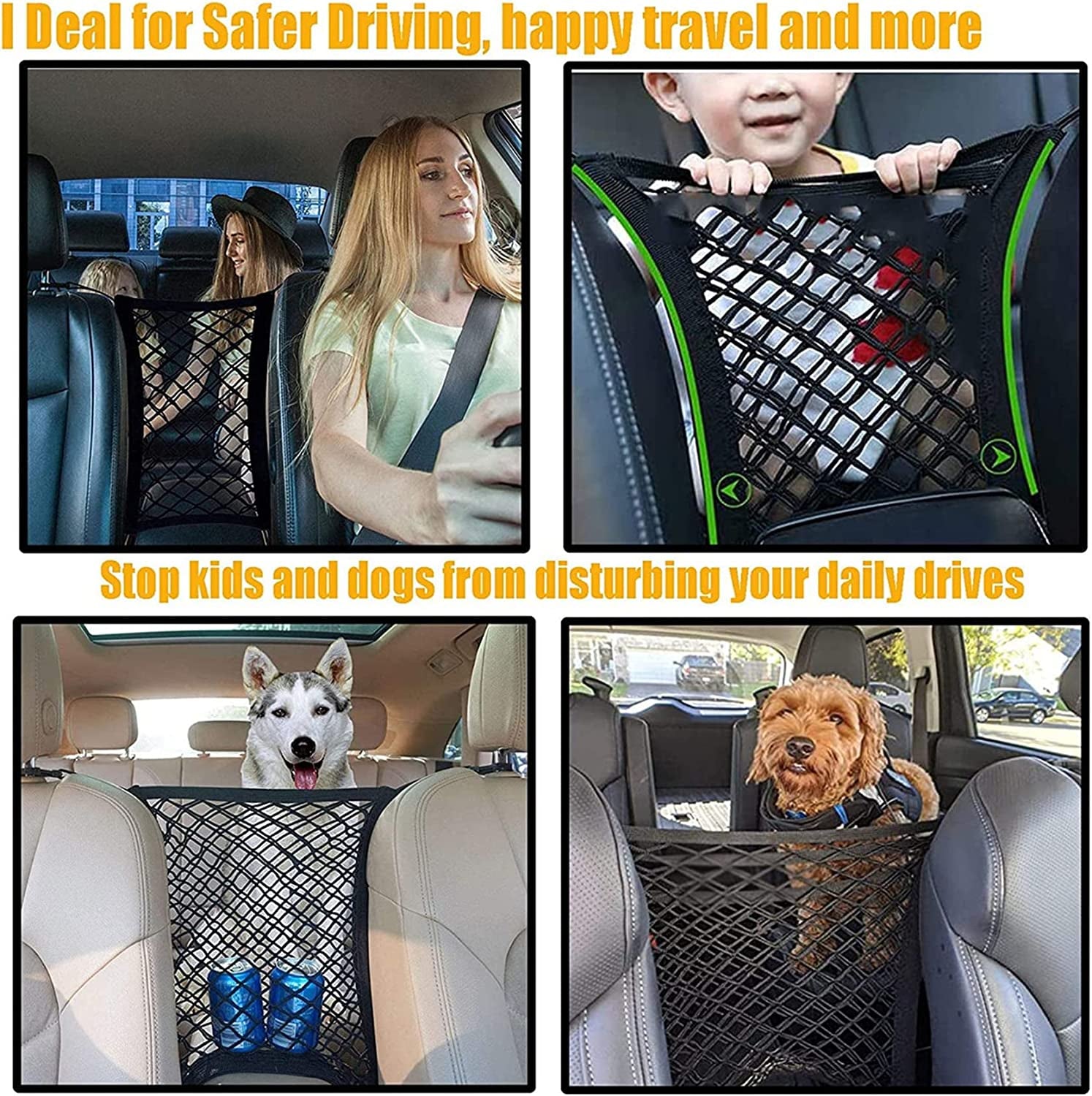 Pet Barrier Dog Car Net Barrier with Auto Safety Mesh Organizer Baby Stretchable Storage Bag Universal for Cars, SUV, Truck -Easy Install, Safer to Drive with Children and Pets