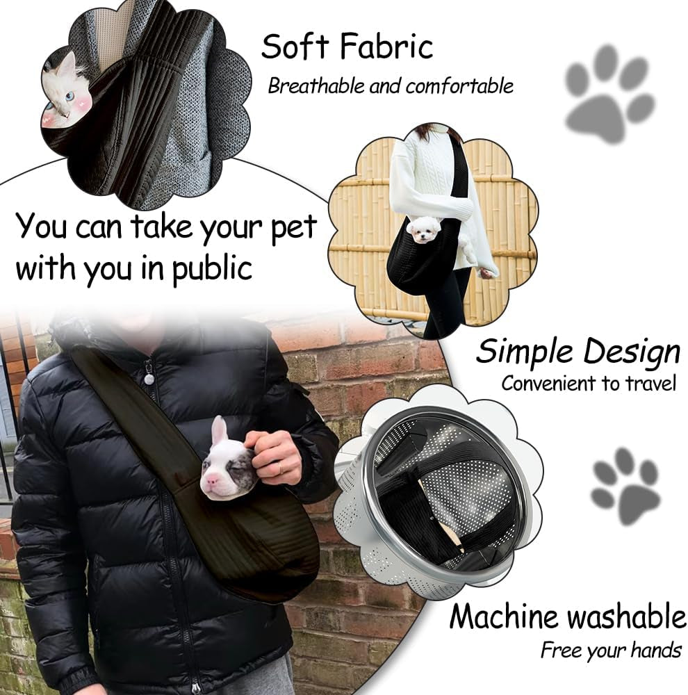 Pet Sling Carrier Small Dog Sling Cat Carrier Bag Adjustable Strap Hands-Free Pet Dog Cat Carrier Bag with Front Zipper Pocket Safety Belt for Outdoor Traveling Subway (Black, Canvas)