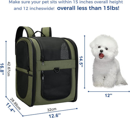 Dog & Cat Carrier Backpack for 4-15Lb Pets - Ventilated Safe Design with Padded Back Support, Breathable Mesh Pet Backpack for Hiking, Travel, Outdoor (Green)