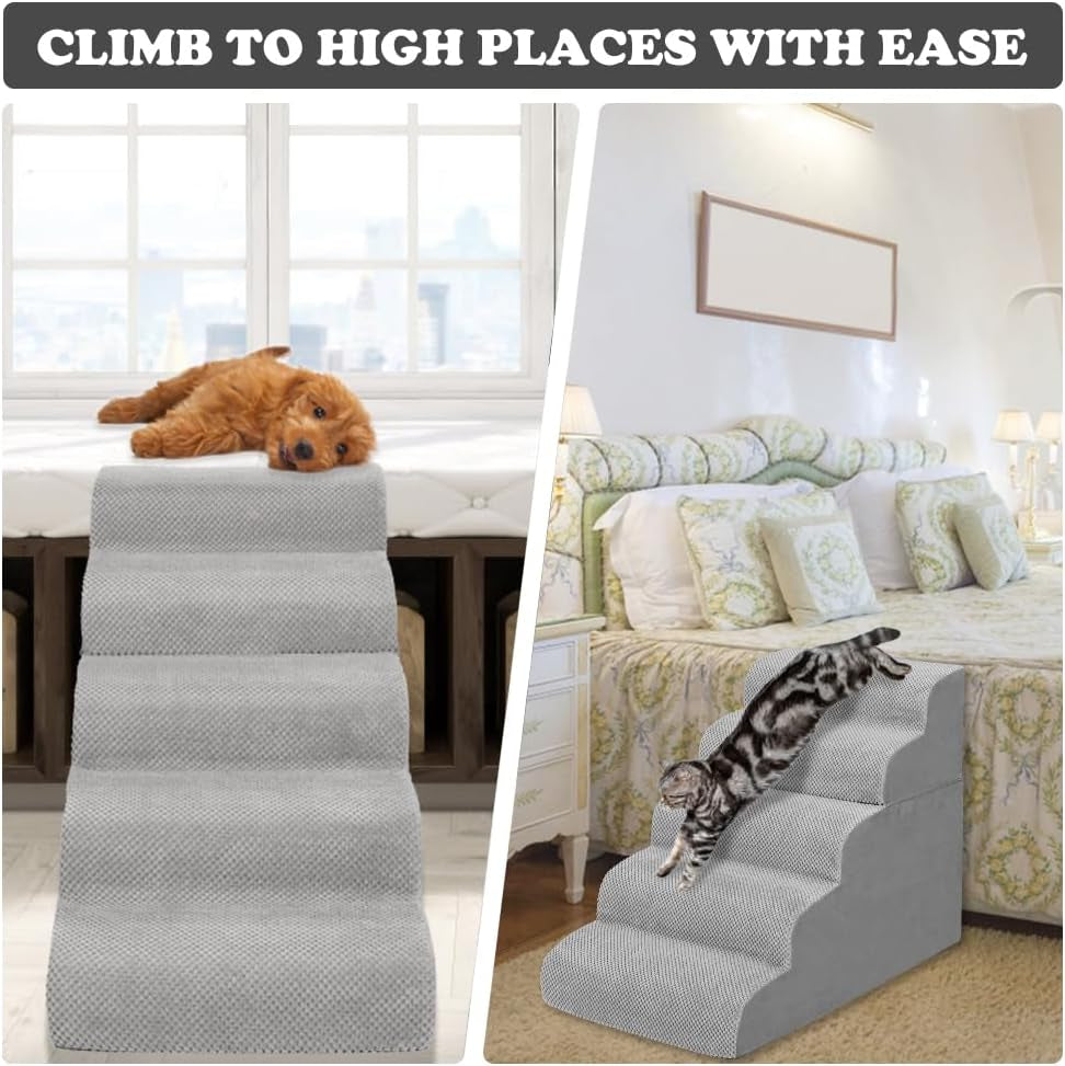 Dog Stairs and Ramp, 5-Step Pet Stair for High Beds and Couch, Large Dogs with Removable Washable Cover, Non-Slip Soft Foam for Injured Older Pets, Grey-62 Cm High