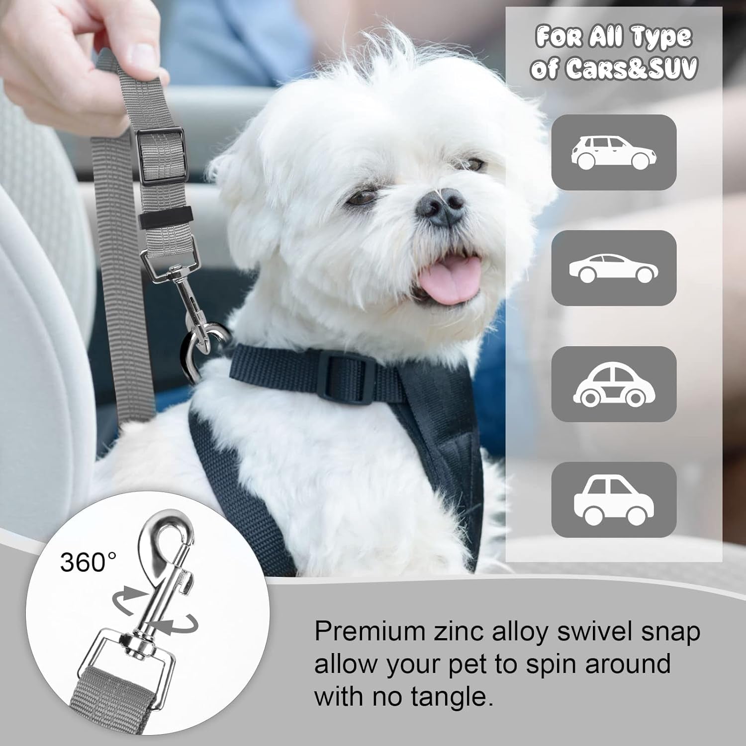 Adjustable Dog & Cat Safety Seat Belt Straps - 2 Pack Reflective Bungee Restraints for Vehicle Harnesses