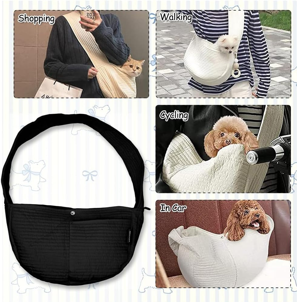 Pet Sling Carrier Small Dog Sling Cat Carrier Bag Adjustable Strap Hands-Free Pet Dog Cat Carrier Bag with Front Zipper Pocket Safety Belt for Outdoor Traveling Subway (Black, Canvas)
