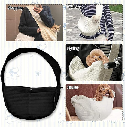 Pet Sling Carrier Small Dog Sling Cat Carrier Bag Adjustable Strap Hands-Free Pet Dog Cat Carrier Bag with Front Zipper Pocket Safety Belt for Outdoor Traveling Subway (Black, Canvas)