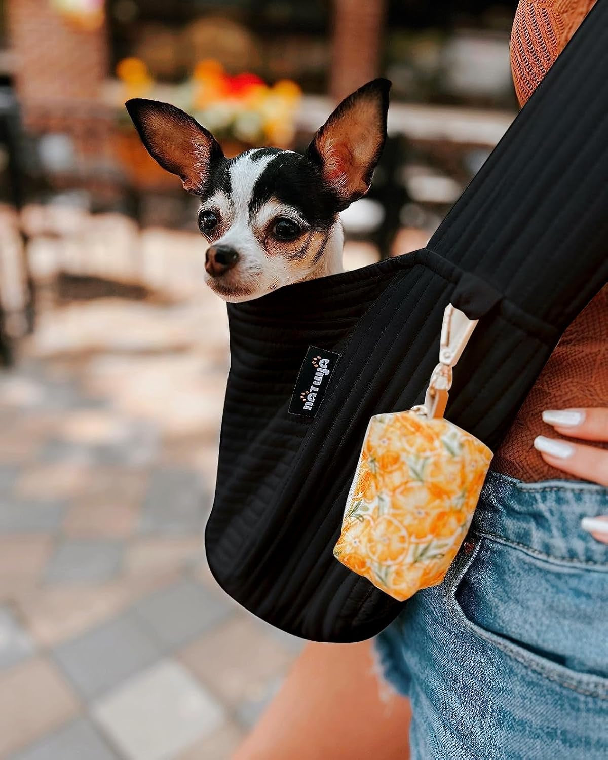 Pet Sling Carrier Small Dog Sling Cat Carrier Bag Adjustable Strap Hands-Free Pet Dog Cat Carrier Bag with Front Zipper Pocket Safety Belt for Outdoor Traveling Subway (Black, Canvas)