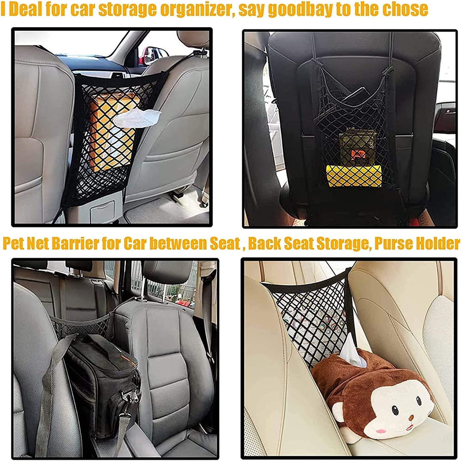 Pet Barrier Dog Car Net Barrier with Auto Safety Mesh Organizer Baby Stretchable Storage Bag Universal for Cars, SUV, Truck -Easy Install, Safer to Drive with Children and Pets
